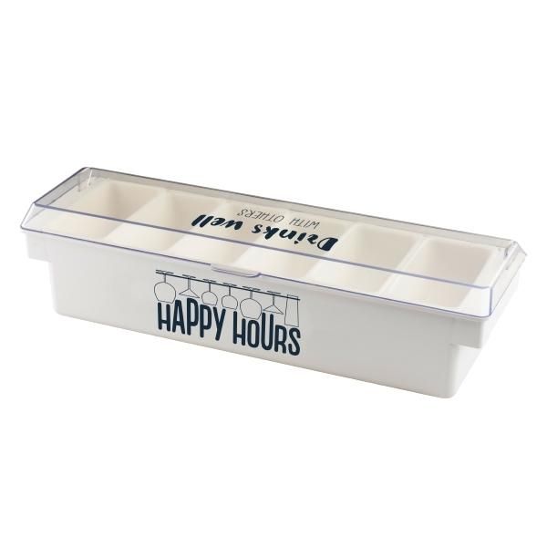 white plastic domed lid condiment tray with logos