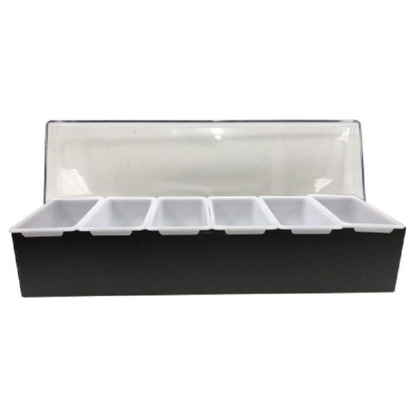 black metal condiment tray with a lid