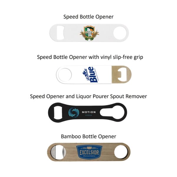 four speed bottle opener styles with logos